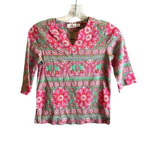 Vineyard Vines Girls Caribbean Floral V Neck Blouse 3/4 Sleeve Pink Green Top XS